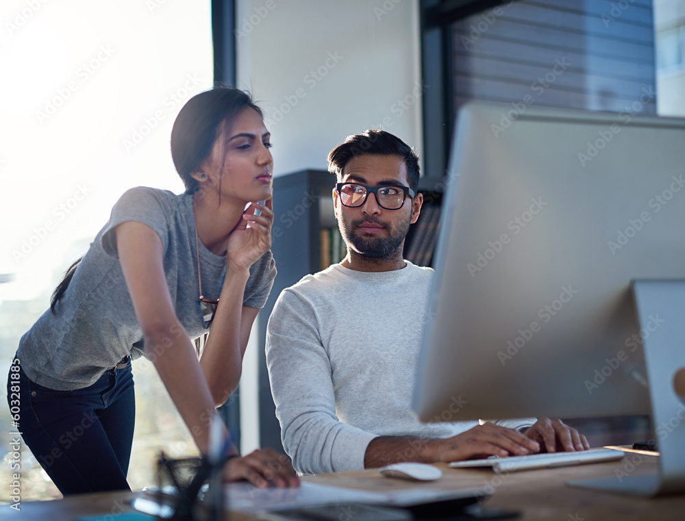 Poster Advice, thinking and business people with a computer for training, strategy and collaboration. Confused, ideas and employees working on an online project with a pc for planning and problem solving