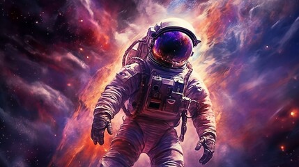 Obraz na płótnie Canvas Astronaut floating in space with colorful nebula of deep space. Science fiction wallpaper. Billions of stars and galaxies in outer space in the universe. Generative AI.