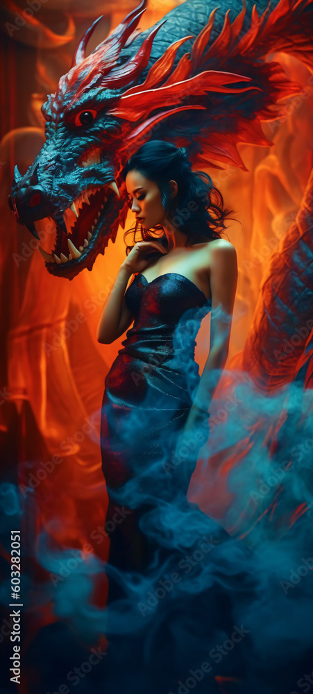 Wall mural chinese dragon woman in flames of fire, fictional person made with generative ai