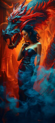 Fototapeta na wymiar chinese dragon woman in flames of fire, fictional person made with generative ai