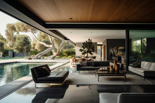 Modern Paradise: Stylish Home with a Breathtaking Pool as the Focal Point - Generative Ai