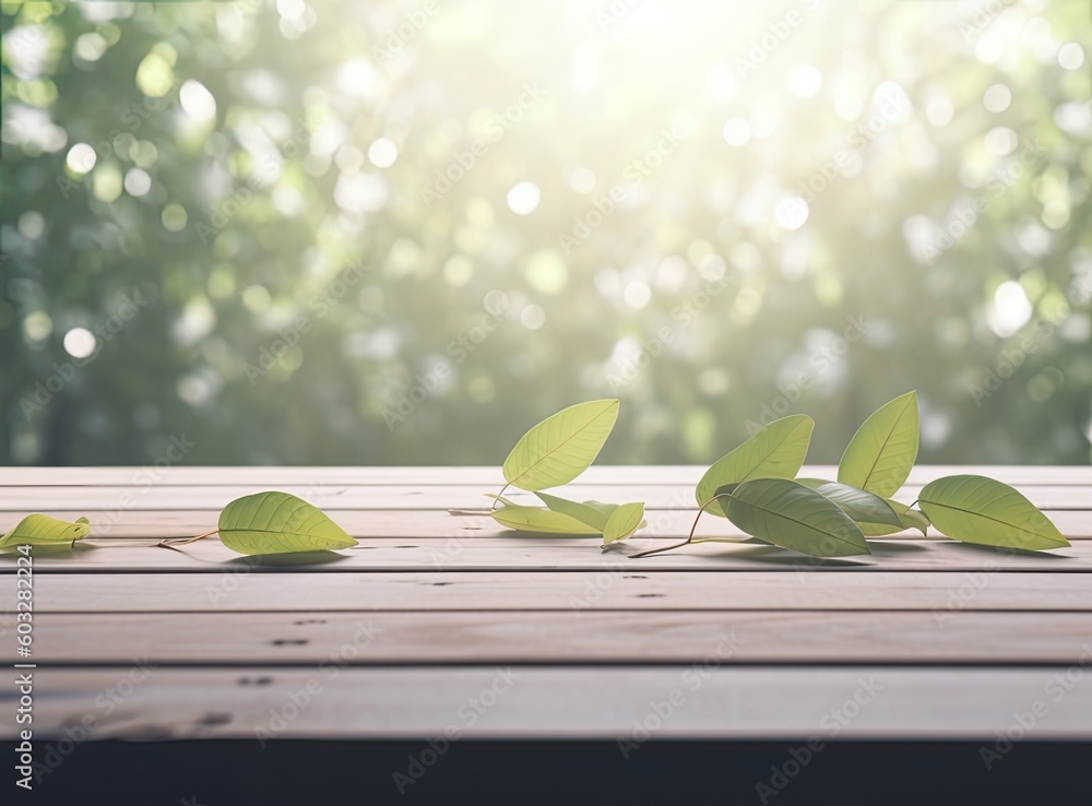Poster wooden table top with spring green leafs as frame and free space for text created with generative ai