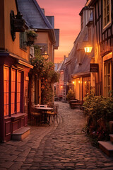 Charm of a small town, illuminated by the radiant glow of a breathtaking sunset. Generative AI - obrazy, fototapety, plakaty