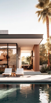 Seamless Harmony: Partial Interior View of a Modern Home with a Magnificent Pool - Generative Ai