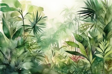 Tropical forest watercolor illustration with tropical trees and bushes. Generative AI
