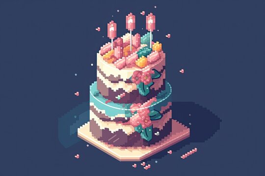 Pixel illustration of big cute birthday cake, sweet dessert. Generative AI