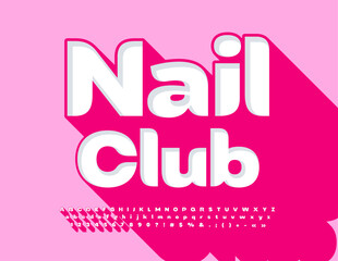Vector Stylish Emblem Nail Club. Trendy 3D Font with red Shadow. Artistic Alphabet Letters, Numbers and Symbols