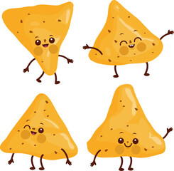 Cartoon Mexican nachos chips characters on white background. Vector illustration