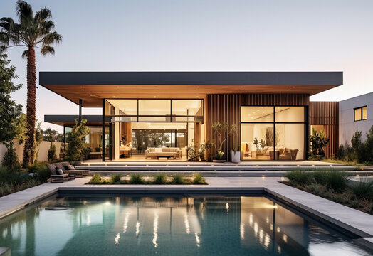 Sleek Lines and Sophisticated Textures: Luxury Home with a Stunning Pool - Generative Ai