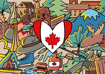 Mural of Canada flag in heart shape decorated with the country famous element and icons