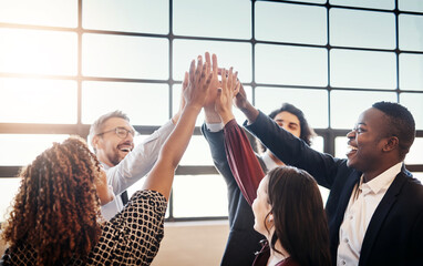 High five, business people and group together for teamwork, collaboration or team building in...