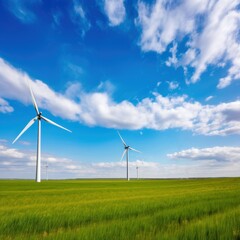 Wind turbines , generator stand in green meadows against sky.