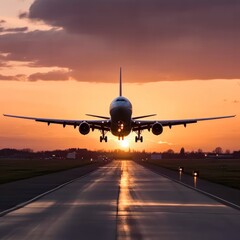 Fototapeta na wymiar Passenger airplane landing on runway in airport