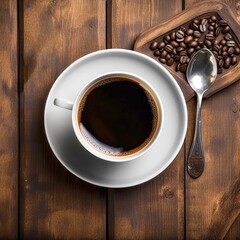 Cup of hot coffee on a rustic wood background .