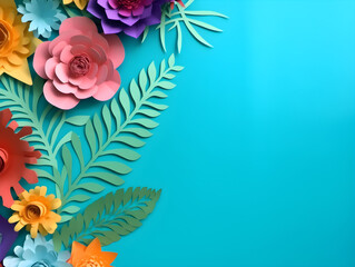 Top view of colorful paper cut flowers with green leaves on blue background with copy space. Generative AI Image.