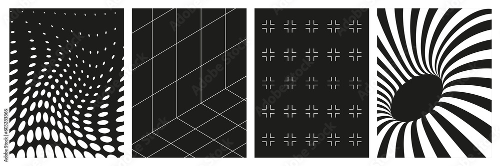 Poster set of geometry wireframe grid backgrounds in white color on black background. 3d abstract posters, 