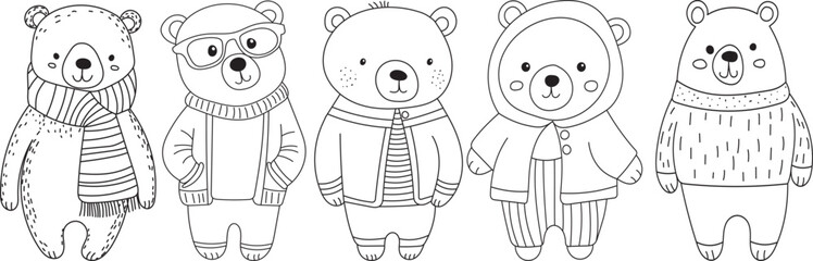 set of characters bears coloring book isolated vector