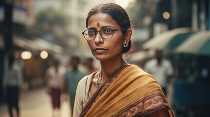 AI generated Indian woman wearing saree on the street  - obrazy, fototapety, plakaty
