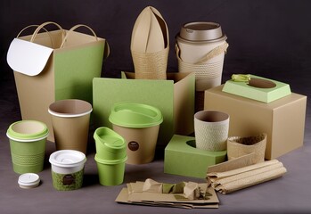 The concept of zero waste and recycling. Use of eco-friendly paper tableware and packaging made from biodegradable materials. created with Generative AI technology