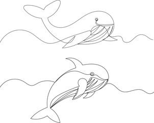 whales drawing in one continuous line isolated vector