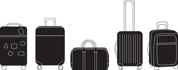 travel bag and suitcases set of silhouettes in doodle style isolated vector