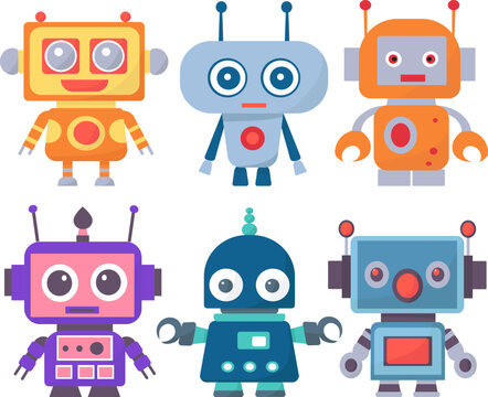 set of robot characters in doodle style isolated vector