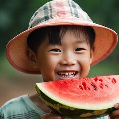 Happy asian boy eating watermelon in the garden, healthy food concept