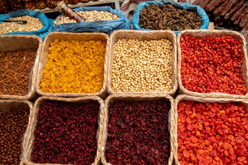 Assortment of nuts and dried fruits at the farmers market