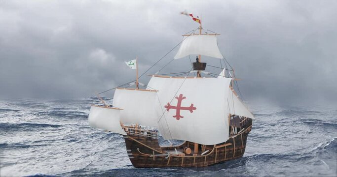 Santa Maria Christopher Columbus ship in fog at sea 3D rendered animation in high quality isometric view in HDR