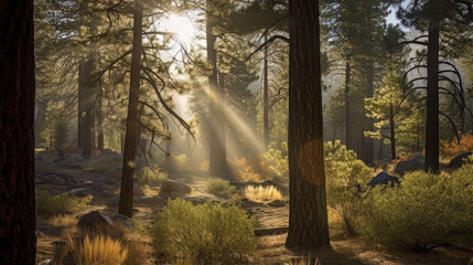 Obraz premium Sunlight streaming through trees, San Bernardino National Forest, California, USA