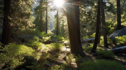 Sunlight streaming through trees, San Bernardino National Forest, California, USA