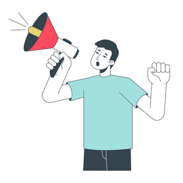 Asian young man shouting megaphone flat line color vector character. Editable outline half body person on white. Announcement, protest simple cartoon spot illustration for web graphic design