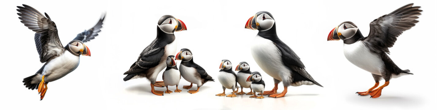 Animals wildlife puffins birds atlantic, north pole banner panorama long - Collection of cute puffin bird (fratercula arctica) family with baby, isolated on white background, Generative Ai