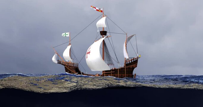 Santa Maria Christopher Columbus ship a side view from water level at sea 3D rendered animation in high quality in HDR