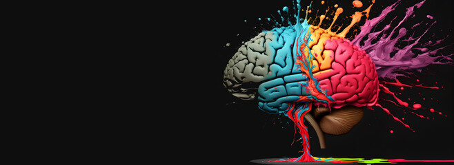 Human brain, colorful paint splashes and drops. AI generated