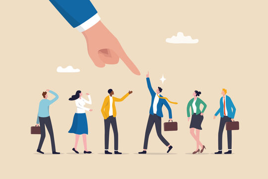Choose candidate for job position, HR, human resources recruitment or hiring new employee, career opportunity or interview, talent or headhunter concept, businessman pointing at chosen candidate.