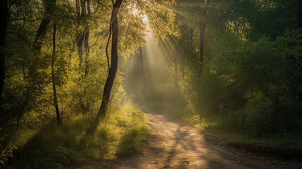 Footpath in forest with sunbeams