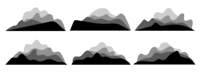 Halftone mountain with range dot grunge texture. Abstract noisy hill background. Art dotwork. Gradient sand pattern. Retro monochrome wave vector illustration. Summit shape, bw grainy landscape, rock