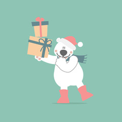 merry christmas and happy new year with cute polar polar bear and present gift box in the winter season, flat vector illustration cartoon character costume design