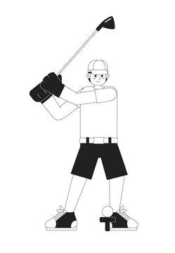 Young male golfer playing golf monochromatic flat vector character. Golf country club. Golfer in action. Editable thin line full body person on white. Simple bw cartoon spot image for graphic design
