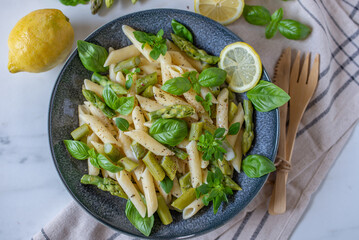 Pasta primavera with asparagus, snap peas
