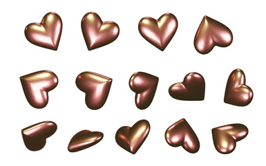 Golden glossy 3D heart isolated on transparent background. Set of hearts in different angles. Love symbol, design element for holidays, wedding invitations, congratulations.
