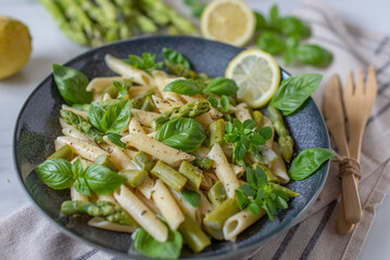 Pasta primavera with asparagus, snap peas