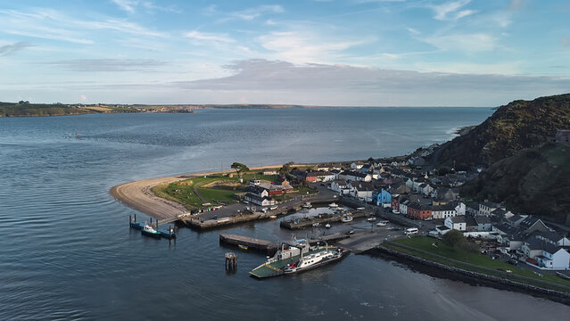 River Suir, Ireland - Aerial view of The Passage East Ferry across River Suir linking the villages of Passage East in Co. Waterford and Ballyhack in Co. Wexford
