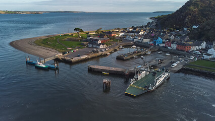 River Suir, Ireland - Aerial view of The Passage East Ferry across River Suir linking the villages...