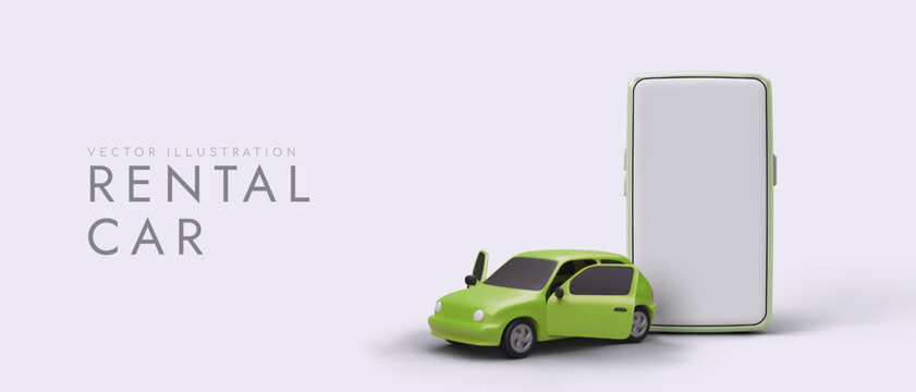 Rent car online. Temporary use of personal vehicles. Car rental. Vector advertising with 3D green car and smartphone. Vehicle for vacation, business trip