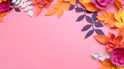 Obraz premium Top view of colorful paper cut flowers with green leaves on blue background with copy space. Generative AI Image.