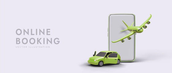 Phone application for booking tickets online. Travel by different vehicle. Flights and relocations. Vector advertisement with 3D plane, car, smartphone. Modern way to buy tickets in advance