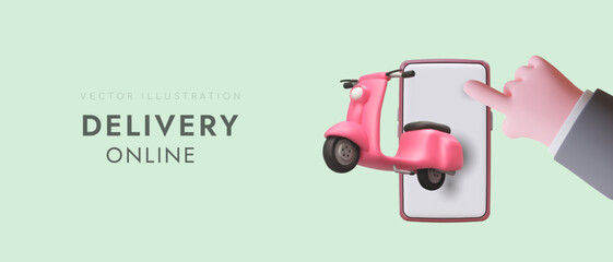 3D male hand chooses online delivery on smartphone. Modern phone application for ordering courier services. Express delivery by maneuverable vehicle. Advertising template on colored background