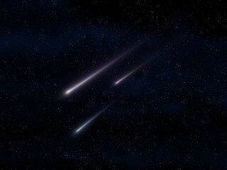 Three fireballs burn up in the atmosphere. Meteor trails in the sky, beautiful meteor stream. Shooting stars.